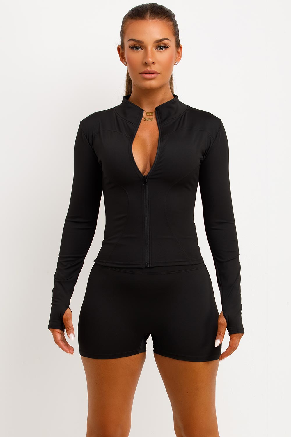 Zip Up Sports Jacket And Gym Shorts Co Ord Set Black