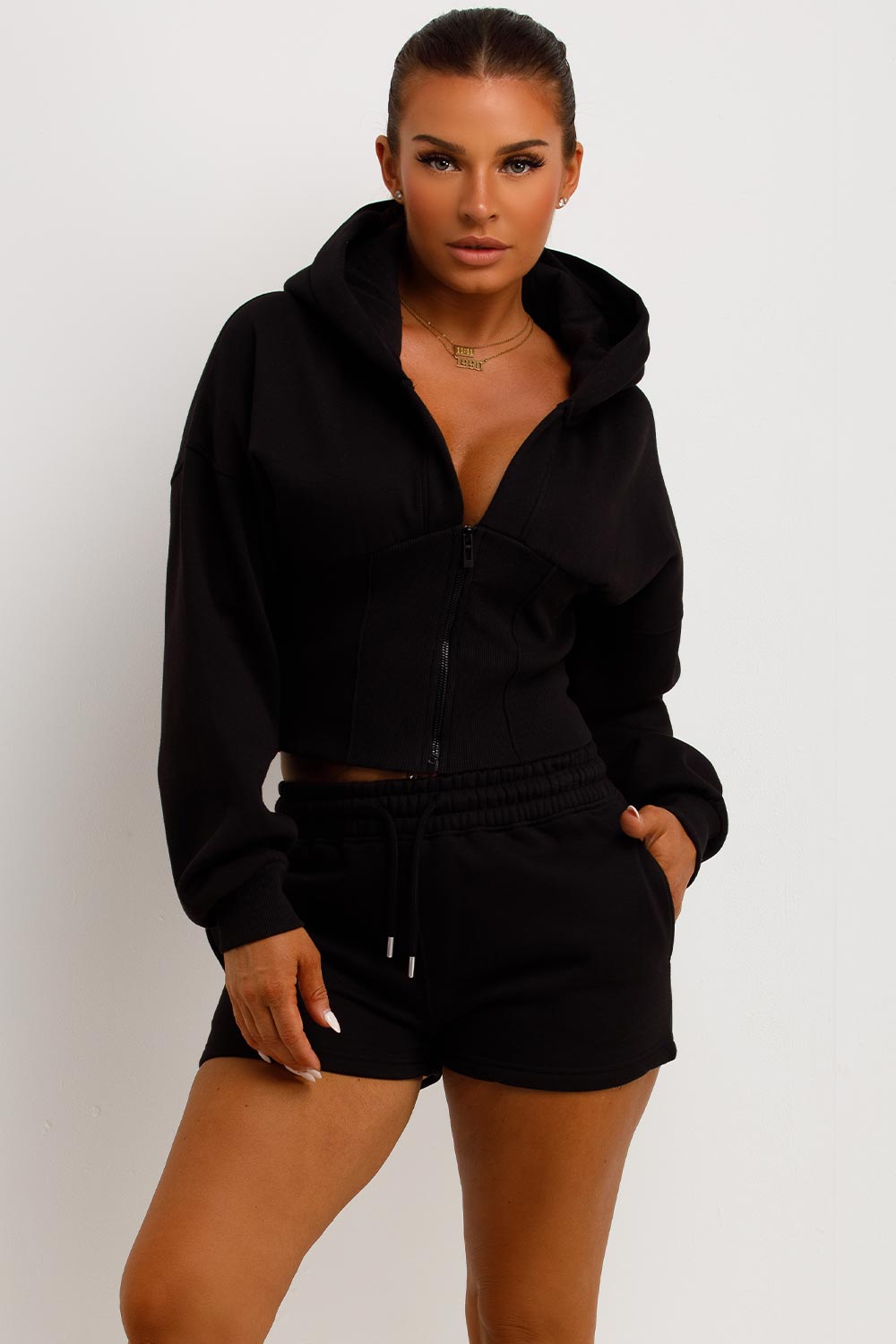 Corset Hoodie And Short Tracksuit Co Ord Set Black