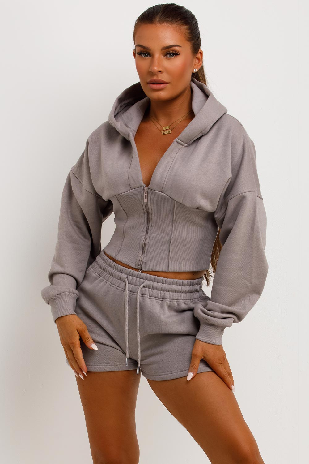 Corset Hoodie And Short Tracksuit Co Ord Set Dove Grey