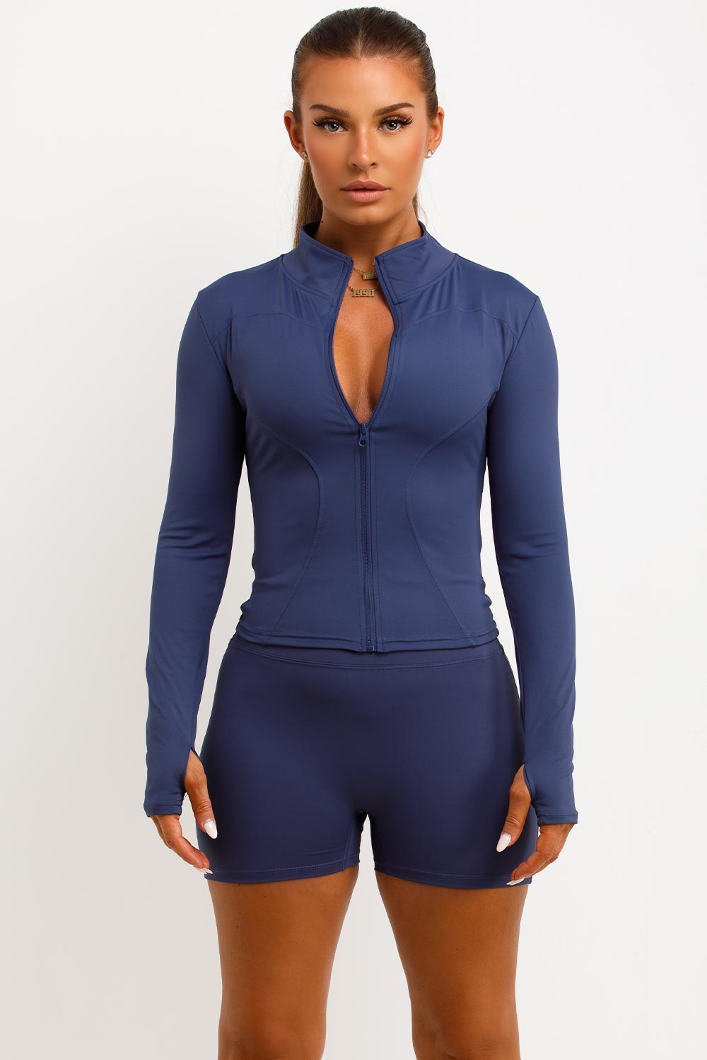 Zip Up Sports Jacket And Gym Shorts Co Ord Set Navy