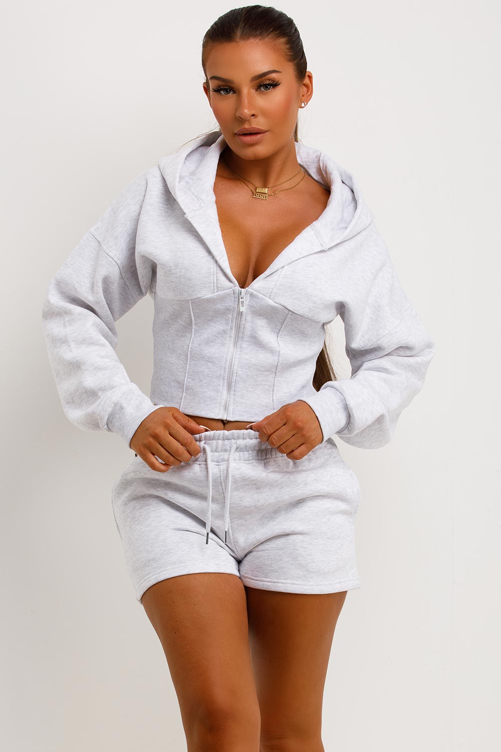 Corset Hoodie And Short Tracksuit Co Ord Set Grey Marl