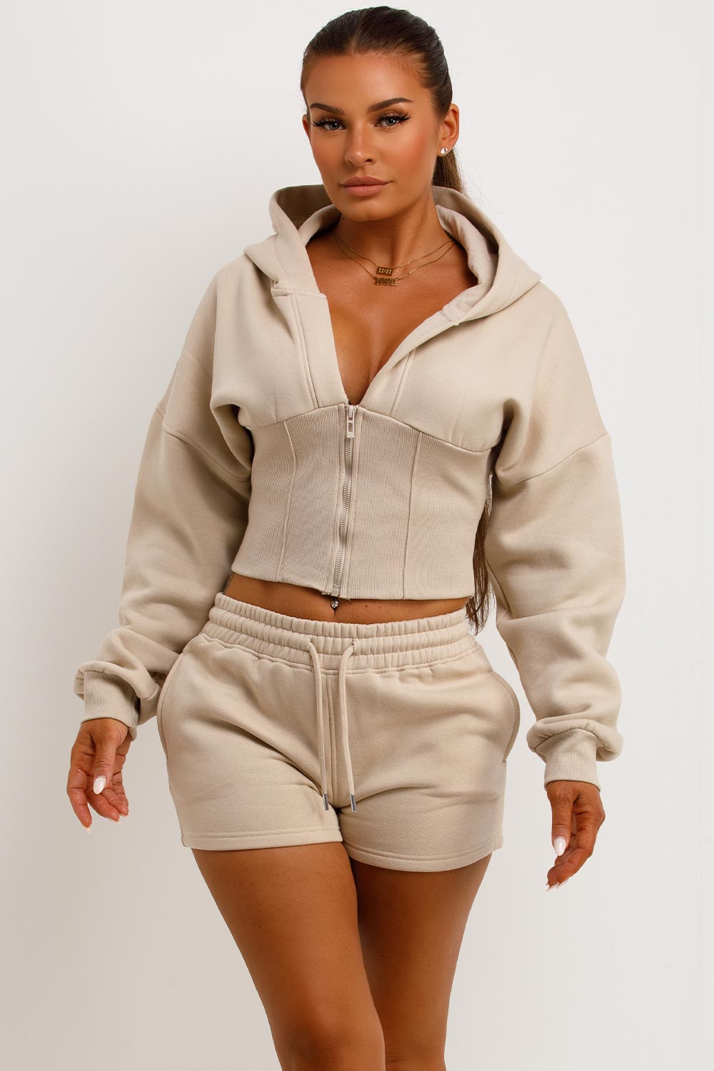 Corset Hoodie And Short Tracksuit Co Ord Set Oatmeal