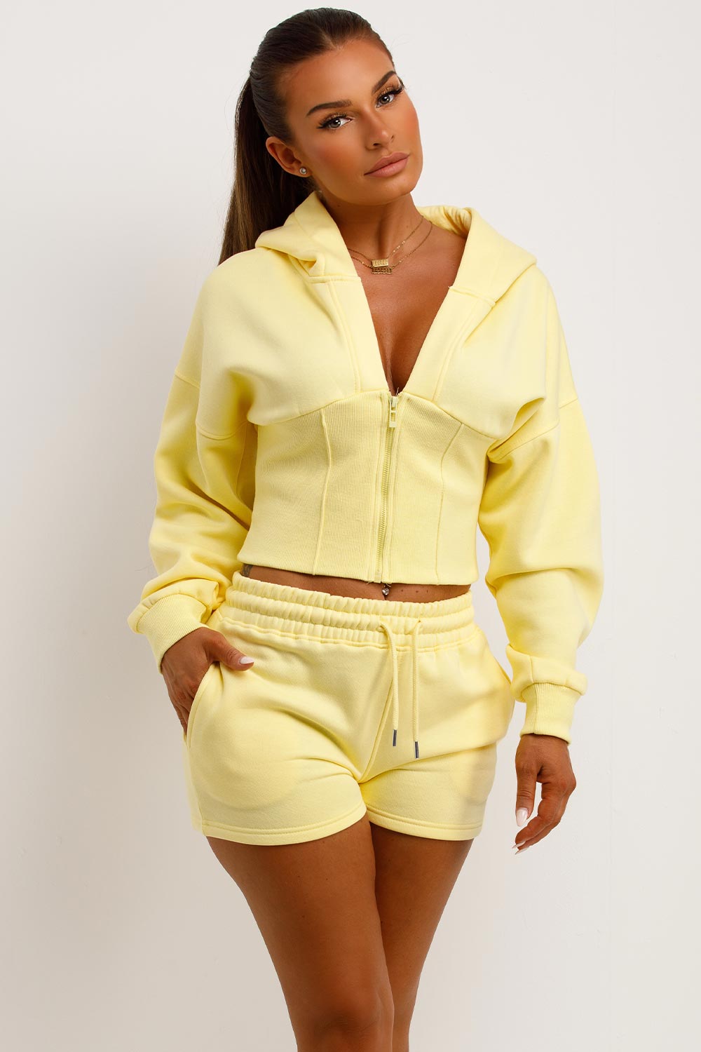 Corset Hoodie And Short Tracksuit Co Ord Set Yellow