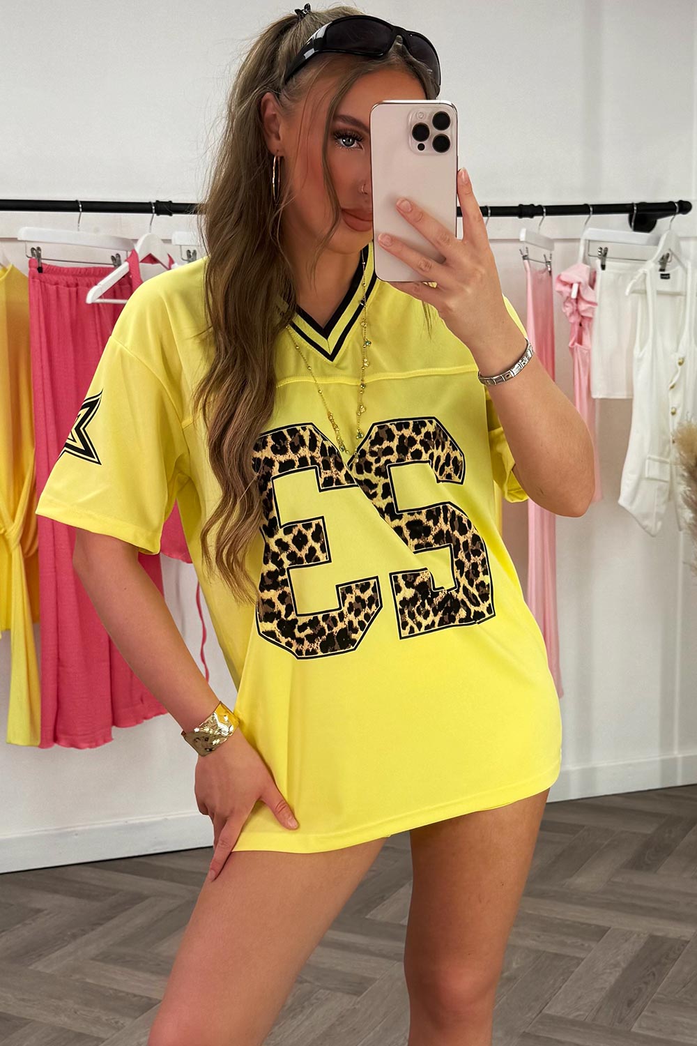 Yellow Football V Neck Jersey Top With Leopard Print Slogan