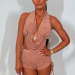 Cowl Halter Backless Top And Ruched Shorts Co Ord Set Stone