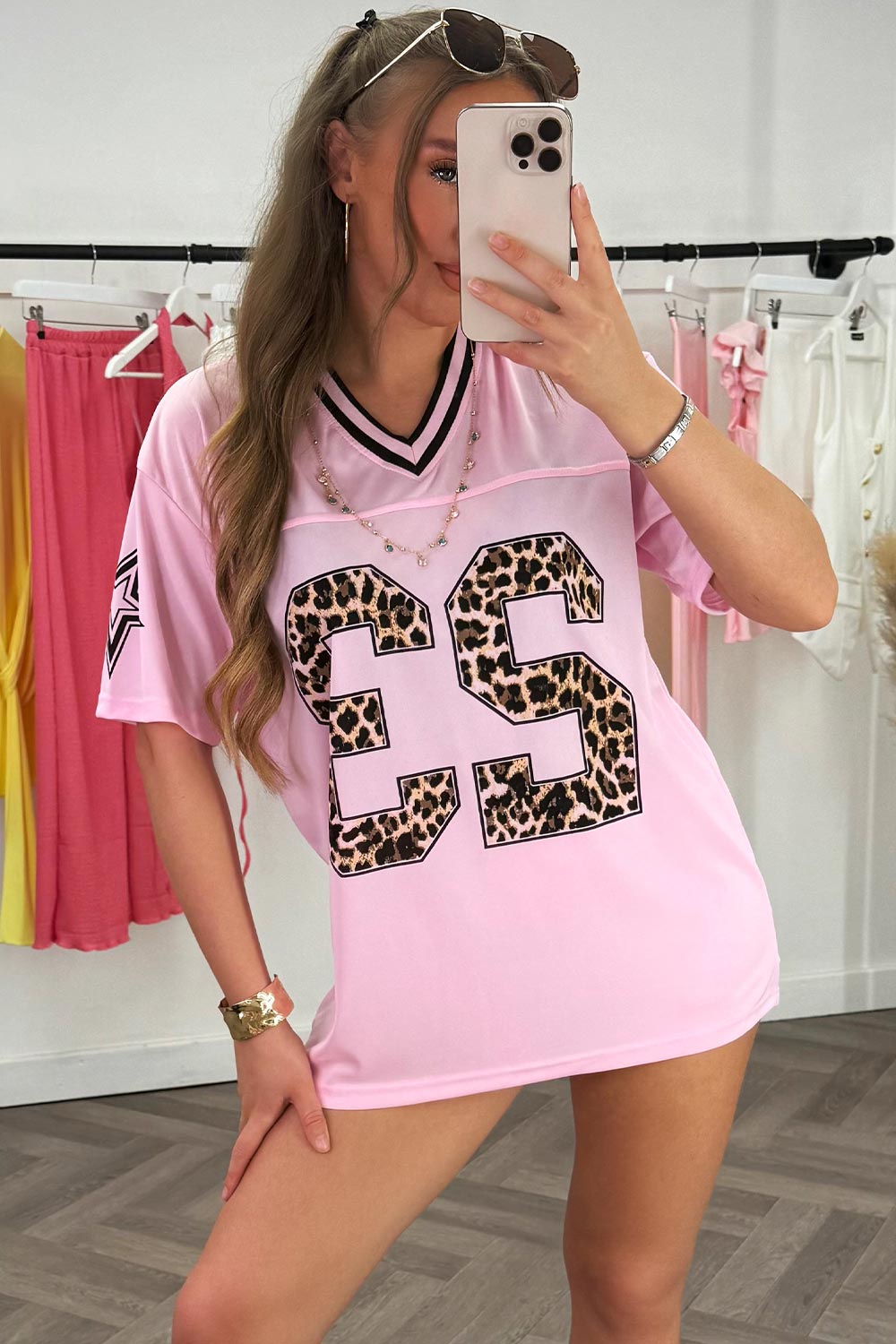 Pink Football V Neck Jersey Top With Leopard Print Slogan