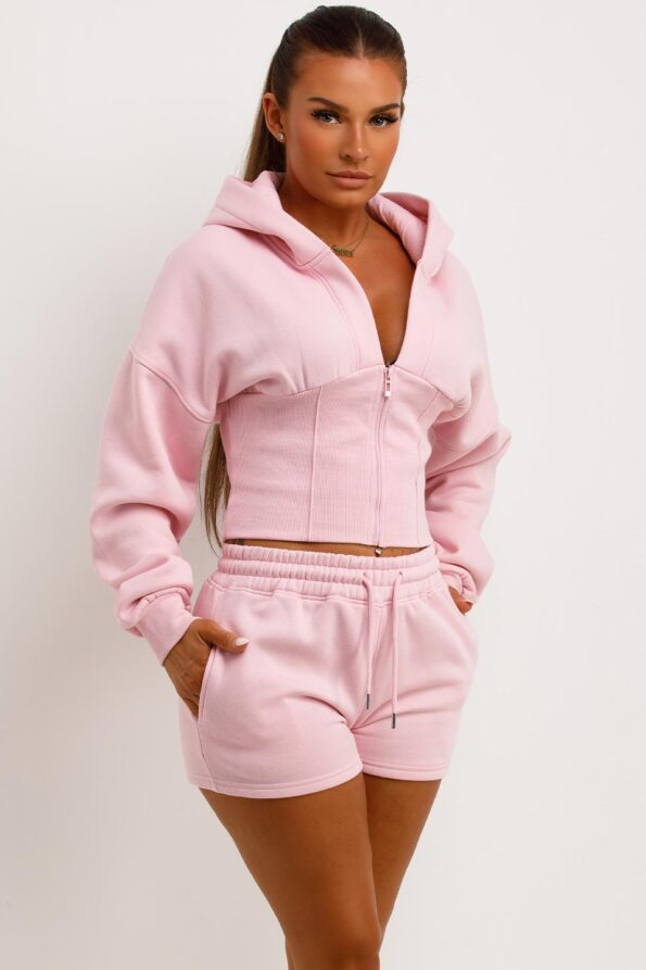 Corset Hoodie And Short Tracksuit Co Ord Set Pink