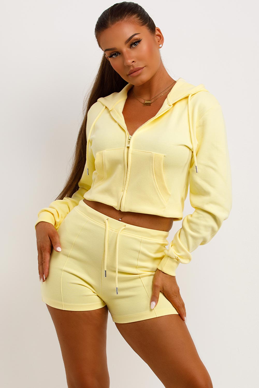 Crop Sweatshirt Hoodie And Short Tracksuit Set Yellow
