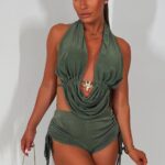 Cowl Halter Backless Top And Ruched Shorts Co Ord Set Khaki