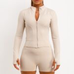 Zip Up Sports Jacket And Gym Shorts Co Ord Set Beige