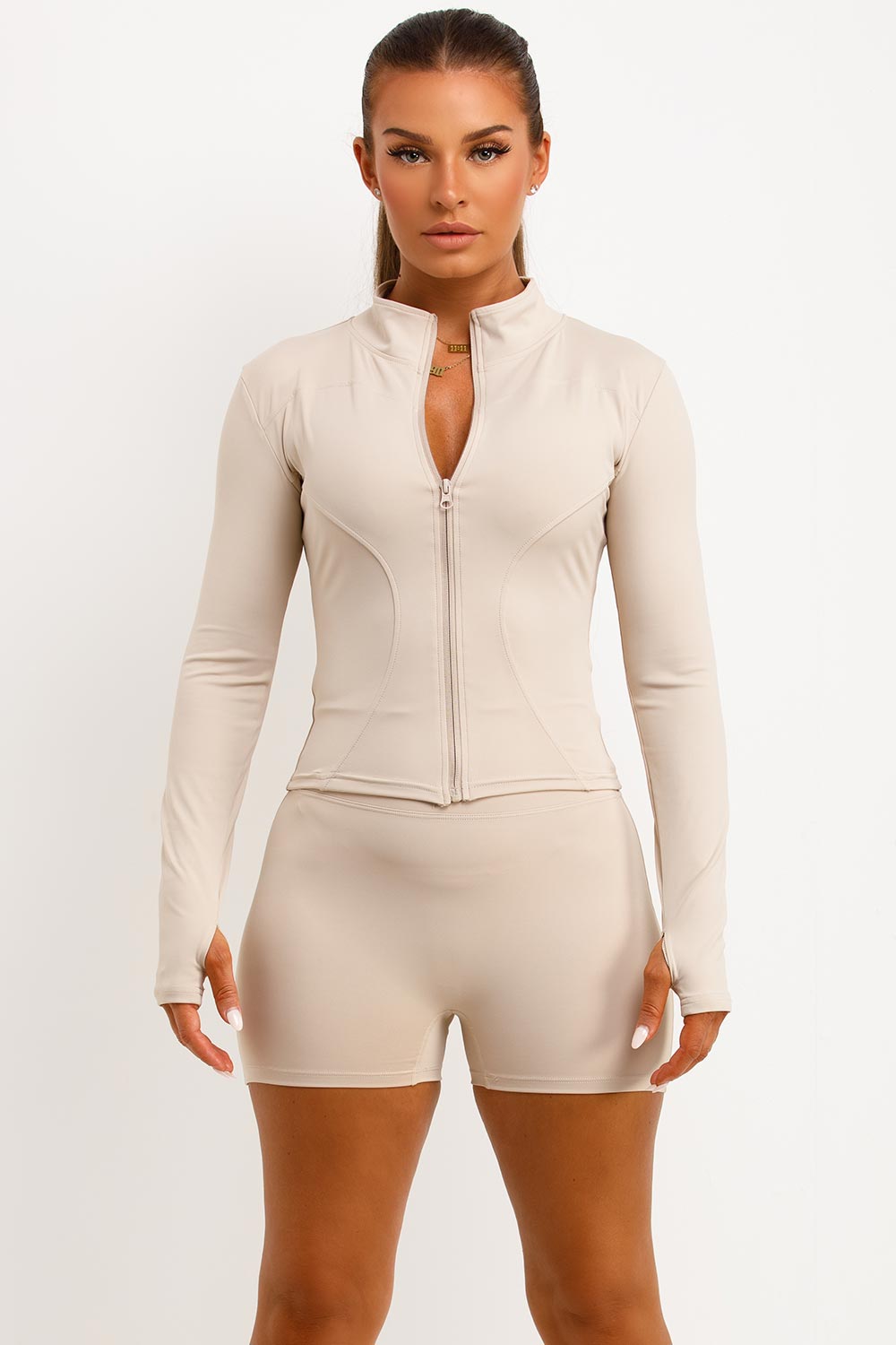 Zip Up Sports Jacket And Gym Shorts Co Ord Set Beige
