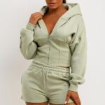 Corset Hoodie And Short Tracksuit Co Ord Set Sage Green
