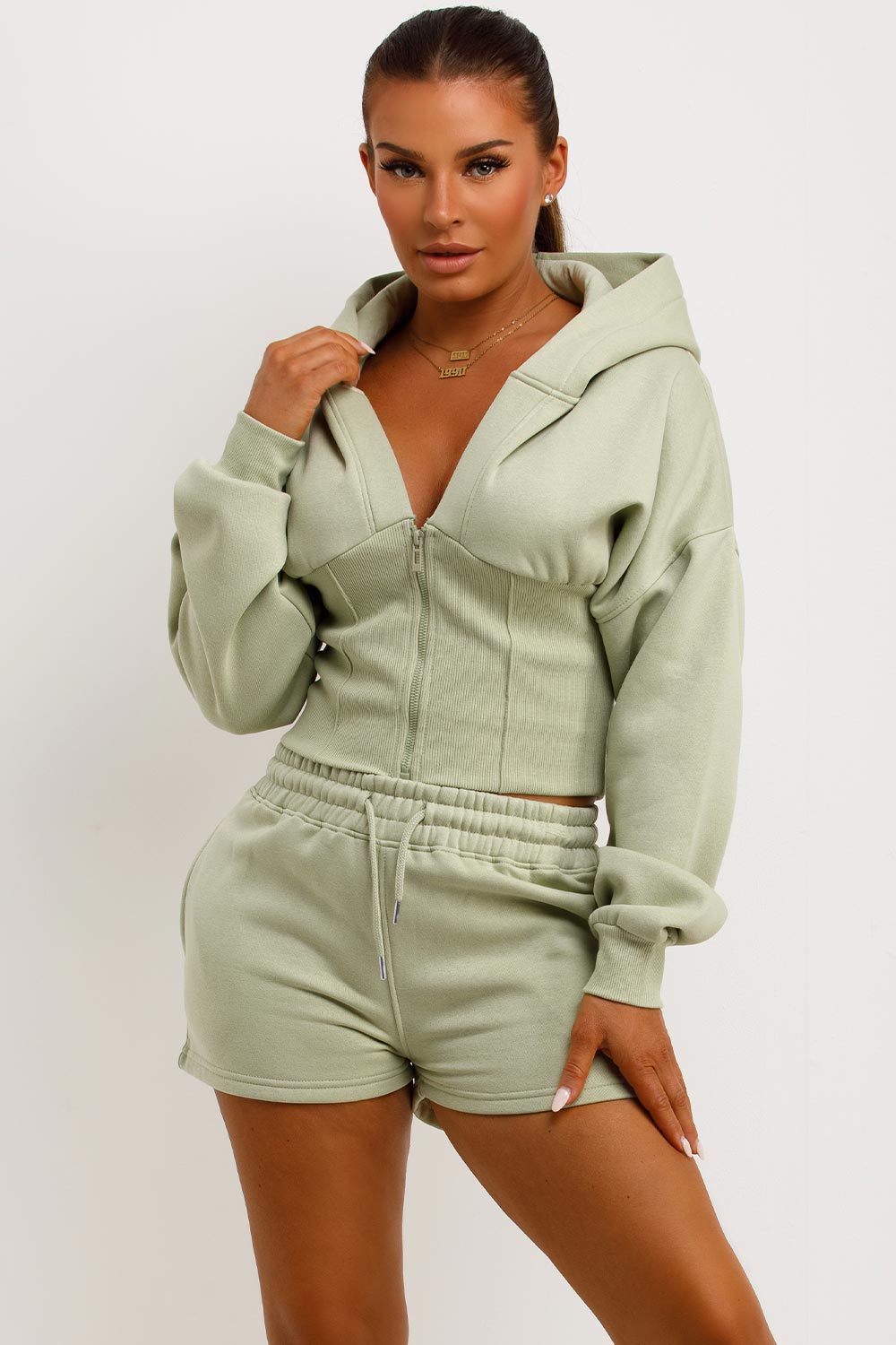 Corset Hoodie And Short Tracksuit Co Ord Set Sage Green